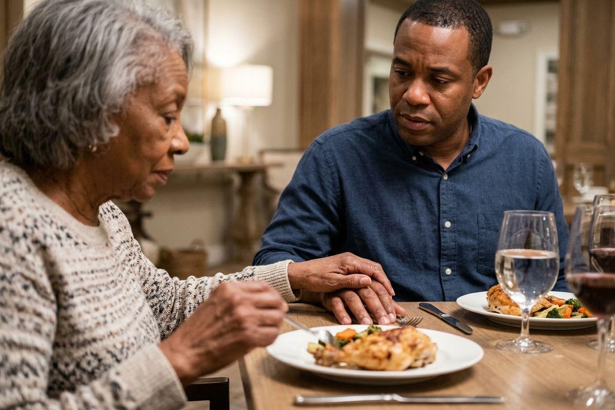 Older adult's hand resting on a dinner table, subtly trembling, a quiet moment prompting awareness of early Parkinson's or aging signs